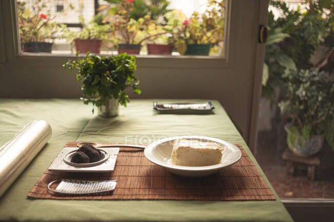 Gustoso formaggio morbido in piatto vicino al tartufo e grattugia su tappetino di paglia a casa con piante in vaso — Foto stock