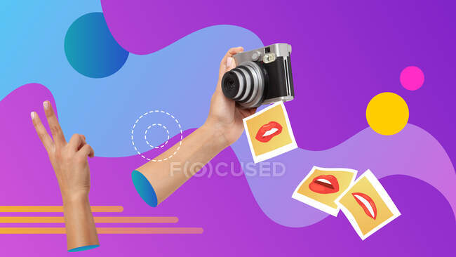 Conceptual contemporary art collage. Hand holding and instant camera taking selfie pictures. — Stock Photo