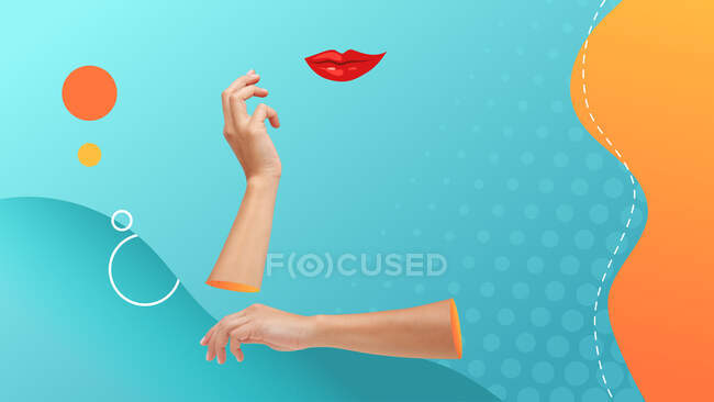 Collage concettuale di arte contemporanea. Femmina che posa per una foto. Mani con una testa invisibile. — Foto stock
