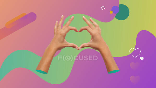 Conceptual contemporary art collage. Two female hands making a heart shape with the fingers. — Stock Photo
