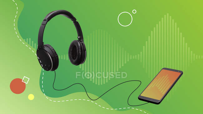 Collage d'art contemporain conceptuel. Écouteurs connectés à un smartphone jouant de la musique. — Photo de stock