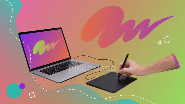Conceptual contemporary art collage. Hand drawing in a graphic tablet connected to a computer laptop. — Stock Photo