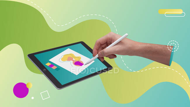 Collage d'art contemporain conceptuel. Dessin à la main dans une tablette avec un livre de stylo intelligent. — Photo de stock