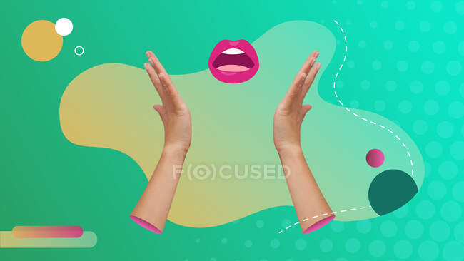 Collage de arte contemporáneo conceptual. Manos y boca en una pose de gesto sorpresa. - foto de stock