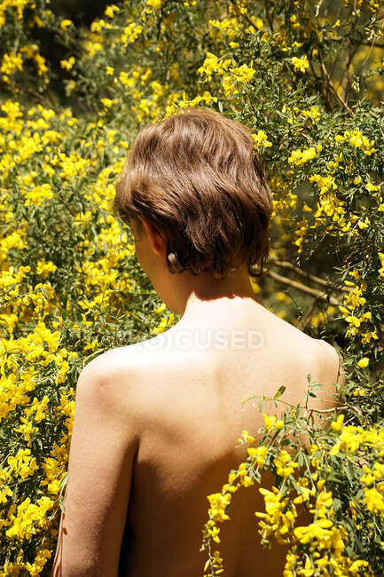 Обратный вид на неузнаваемое спокойствие взрослых обнаженных женщин, отдыхающих в саду возле цветущего дерева с желтыми цветами в солнечный день — стоковое фото