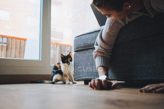 Вид збоку молодої леді в повсякденному одязі лежить на зручному дивані, граючи з чарівною каліко-кішкою в сучасній квартирі — стокове фото