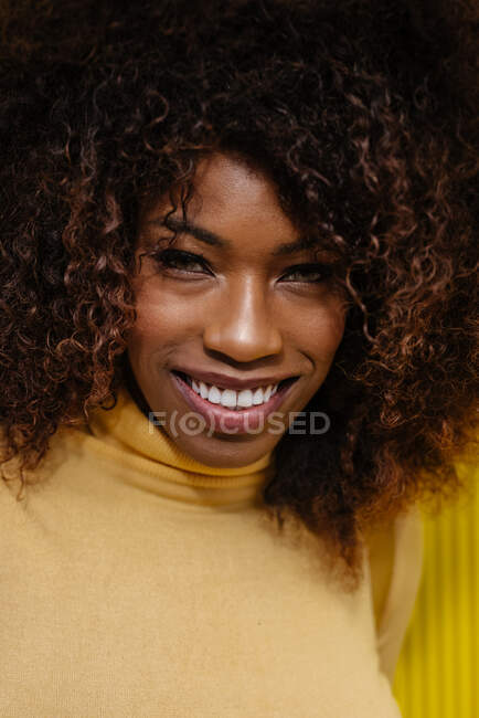 Portrait of a curly haired black woman looking at camera in front of a yellow background — Stock Photo