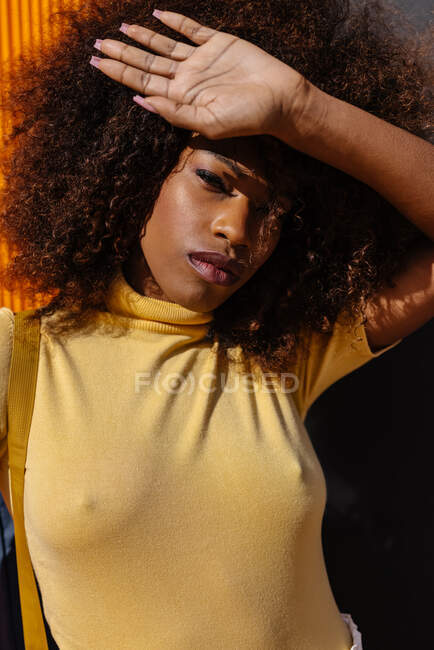 Портрет кучерявої чорної жінки, яка дивиться на камеру перед жовтим тлом — стокове фото
