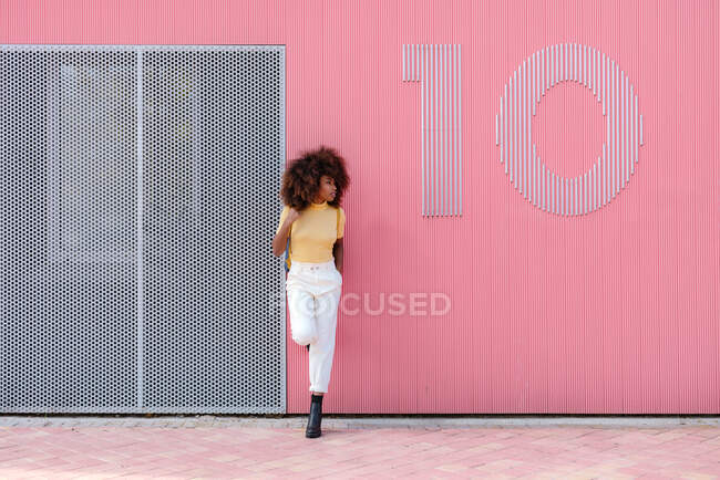 Donna nera con i capelli afro posa davanti a un muro rosa guardando altrove — Foto stock