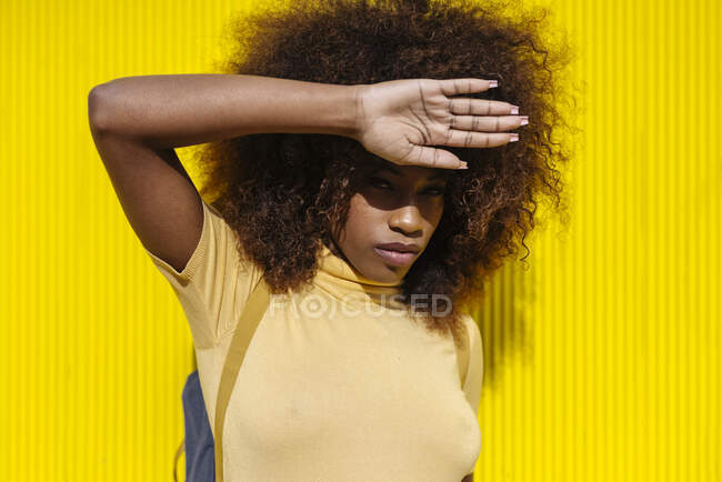 Young ethnic female with Afro hairstyle standing on yellow wall and looking at camera — Fotografia de Stock