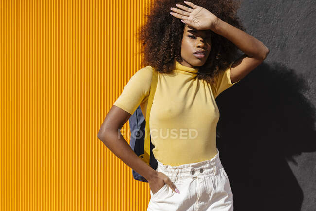 Giovane femmina etnica con acconciatura Afro in piedi su parete gialla e nera e guardando la fotocamera — Foto stock