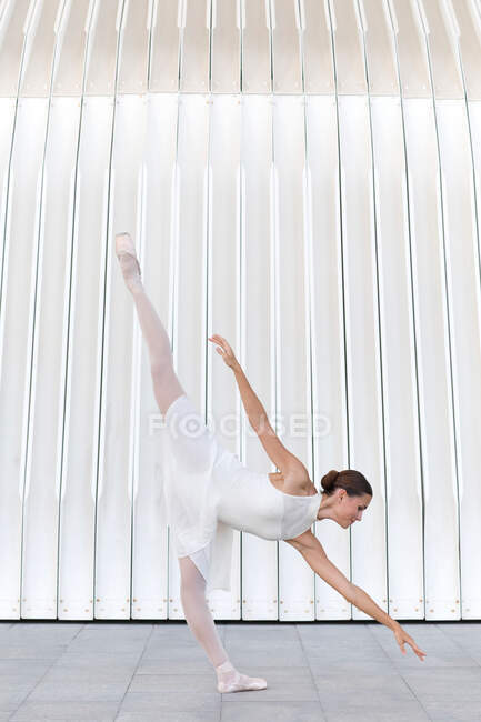 Side view of young female ballet dancer in pointe shoes with raised leg and arm dancing on tiled pavement outdoors — Stock Photo