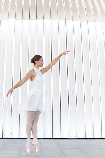Young female ballet dancer in tiptoe in pointe shoes with raised leg and arm dancing on tiled pavement outdoors — Stock Photo