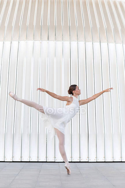 Vista lateral da jovem dançarina de ballet feminina na ponta dos pés em sapatos pontiagudos com perna levantada e braço dançando no pavimento de azulejos ao ar livre — Fotografia de Stock