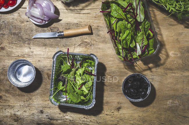 Top view arrangement of fresh mix leaves salads in takeaway bowls placed on table near black olives and cut onions — Photo de stock