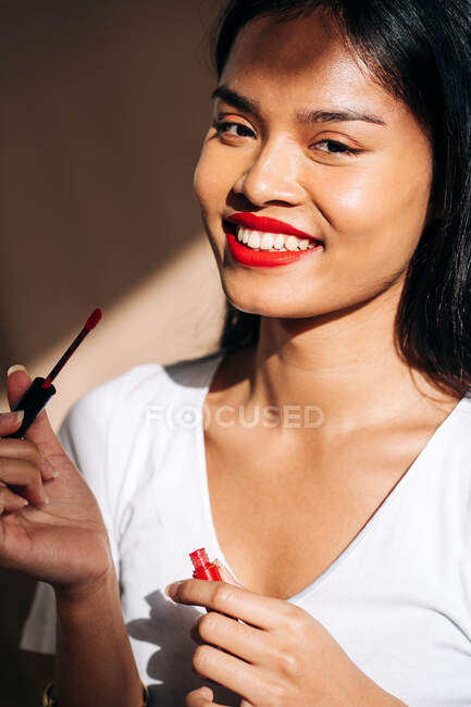 Портрет веселого етнічного жінки з довгим темним волоссям, що дивиться на камеру і грубі губи з червоною помадою — стокове фото