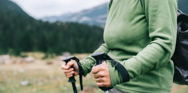 Side view of cropped anonymous female hiker in casual clothes with backpack and Nordic walk poles standing in picturesque highlands — Stock Photo