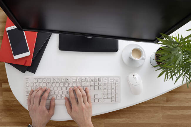 Вид сверху неузнаваемого сотрудника-мужчины в повседневной одежде и наручных часах, сидящего на клавиатуре компьютера, работающего за столом с ноутбуками и горшочком в современном офисе — стоковое фото