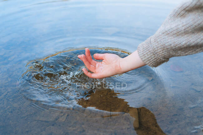Recortado irreconocible viajero femenino tocando agua pura del lago de la orilla - foto de stock