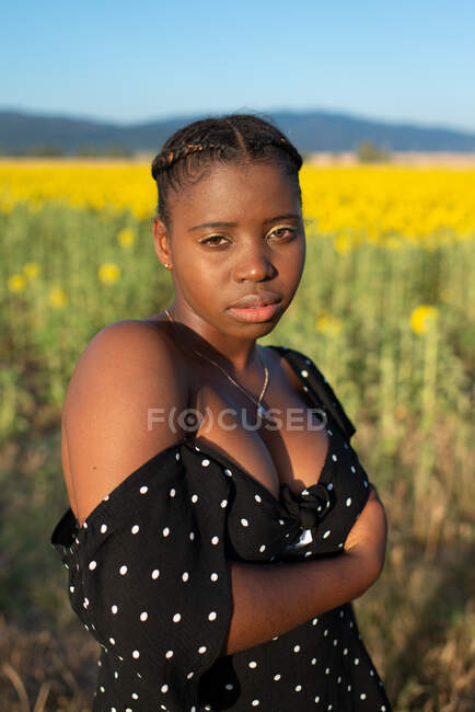 African American female in dress standing on background of blossoming sunflowers in field and enjoying summer in countryside — Stock Photo