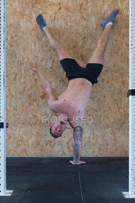 Starker männlicher Athlet mit nacktem Oberkörper, der im Handstand auf dem Arm balanciert, während er während des funktionellen Trainings Übungen macht — Stockfoto