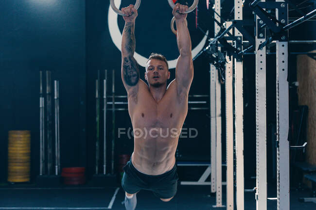 Bajo ángulo de macho atlético concentrado con torso desnudo haciendo ejercicios abdominales en anillos gimnásticos durante el entrenamiento funcional en el gimnasio - foto de stock
