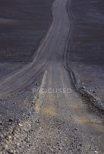Empty narrow dirt road running straight through arid vast terrain with random vegetation in daylight — Stock Photo