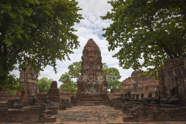 Cenário do autêntico templo oriental Wat Phra Mahathat com estátuas de pedra de Buda em meio a exuberantes árvores verdejantes na Tailândia — Fotografia de Stock