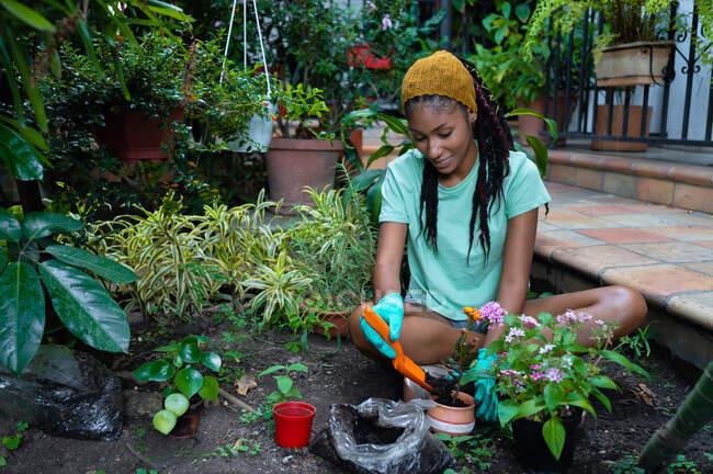 Посміхаючись, чорна жінка - садівник сидить на землі в хатині і пересаджує квітку Каланчоу. — стокове фото