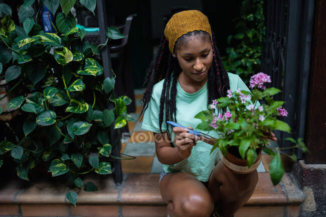 Happy hippie African American female with dreadlocks gardener painting ceramic pot with flower while working in hothouse — Stock Photo