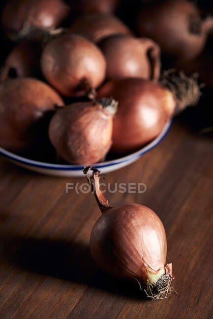 Hoher Winkel von Bund frischer, ungeschälter Zwiebeln auf Teller auf Holztisch gelegt — Stockfoto