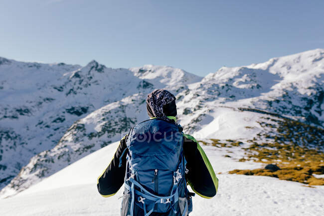 Обратный вид на неузнаваемого альпиниста в теплой спортивной одежде с рюкзаком, стоящим на склоне заснеженной скалистой горы и наслаждающимся впечатляющим пейзажем в солнечный зимний день — стоковое фото
