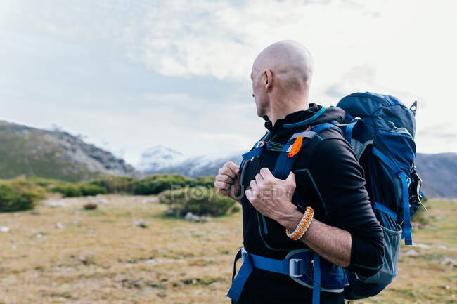 Seitenansicht des erwachsenen kahlköpfigen aktiven männlichen Bergsteigers in Aktivkleidung mit Rucksack, der sich auf dem Gipfel ausruht und einen malerischen Blick auf die schneebedeckte Bergkette genießt — Stockfoto