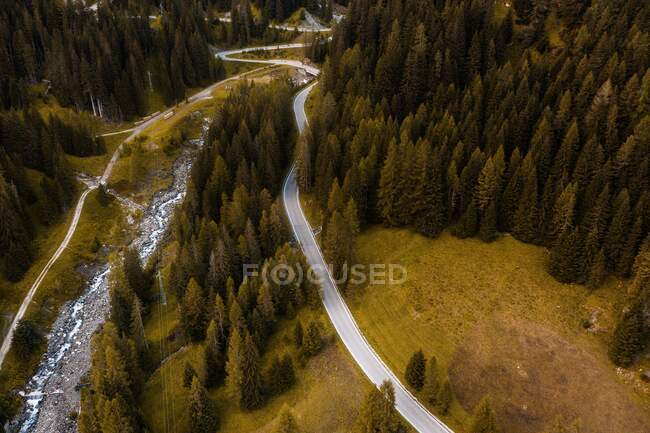 Vista aérea de la serpenteante calzada con curvas que corre por la ladera de la montaña con bosques de coníferas en Dolomitas en Italia - foto de stock