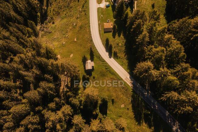 Vista desde arriba del dron de la carretera de asfalto curvada que atraviesa las verdes laderas boscosas de la cordillera de los Dolomitas en Italia - foto de stock