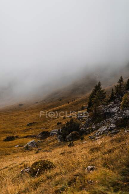 Paesaggio pittoresco con ripida cima rocciosa e colline coperte di erba gialla sotto le nuvole nella catena montuosa dolomitica in Italia — Foto stock