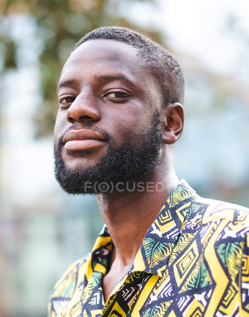 Thoughtful unshaven African American male in ornamental shirt looking at camera while standing in summer city — Stock Photo