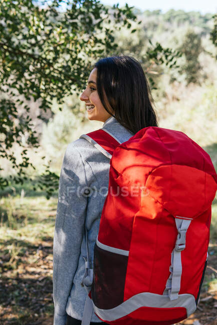 Back view of happy optimistic young female hiker in activewear with backpack enjoying journey in green forest in sunny day — Stock Photo