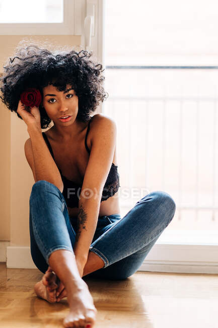Gentil hembra afroamericana con flor de rosa roja en pelo rizado sentada en el suelo en casa y mirando a la cámara - foto de stock