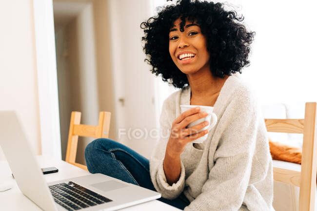 Delighted African American female freelancer with mug of hot beverage sitting at table with laptop and looking at camera during remote work in home office — Stock Photo