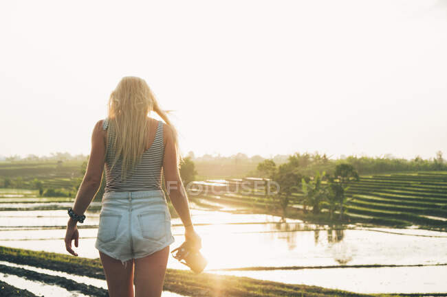 Blond woman taking photos in a rice field in Kajsa — Stock Photo
