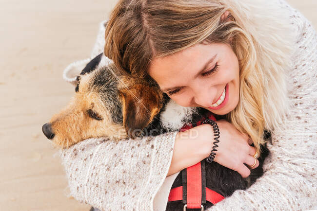 From above woman hugging cute purebred dog against sea under cloudy sky — Stock Photo