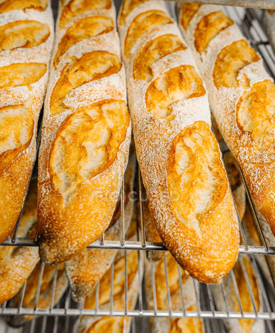 Reihenweise schmackhaftes ovales Brot mit goldener Oberfläche und knuspriger Kruste auf Metallregalen — Stockfoto