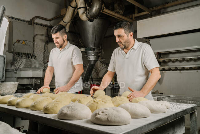 Mature bearded ethnic bakers forming bread from dough at table with flour and bowl in bakery — Stock Photo