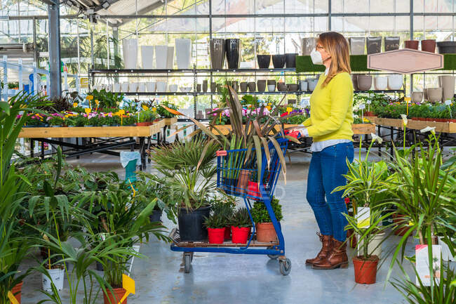 Vista laterale della cliente donna in maschera protettiva e con piante assortite nel carrello della spesa in piedi nel moderno centro del giardino — Foto stock