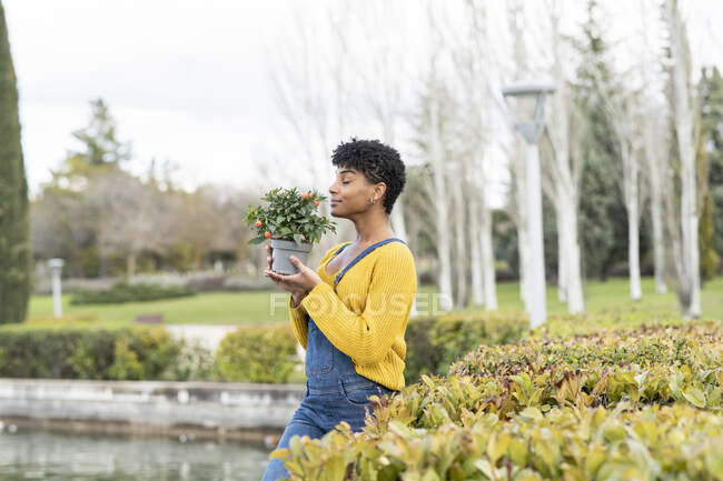 Side view of carefree African American female standing in park and enjoying scent of potted plant with closed eyes — Stock Photo