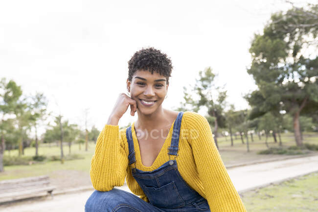 Feliz mujer afroamericana con peinado afro y en traje de moda apoyado en la mano y mirando a la cámara en el parque - foto de stock