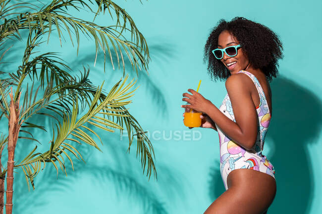 Bella giovane donna afro-americana in costumi da bagno alla moda e occhiali da sole godendo di succo gustoso mentre in piedi su sfondo blu vicino alla palma in studio — Foto stock