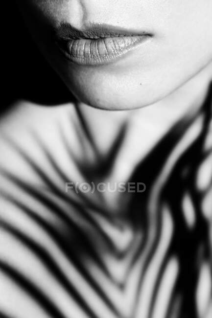 Preto e branco da colheita fêmea concurso anônimo com maquiagem nos lábios e sombra no peito à luz solar — Fotografia de Stock
