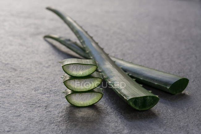 Pezzo e foglia di aloe vera verde posto su sfondo grigio in studio — Foto stock